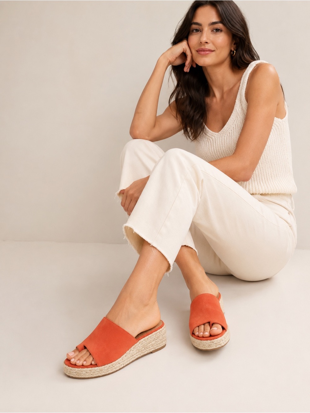 Eileen Fisher Tarry Espadrille Wedge Slide Leather Sandals Mango Orange Sz 9